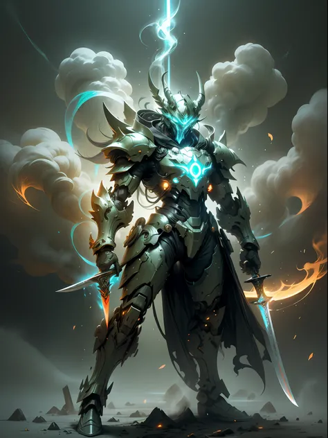 Ghost warrior holding a two-meter long knife, super cool ghost warrior, with a huge long knife, Fang Tian painting halberd, green dragon moon knife, wearing green mechanical armor, surrounded by smoke, holding a super long knife, imposing walking, positive...