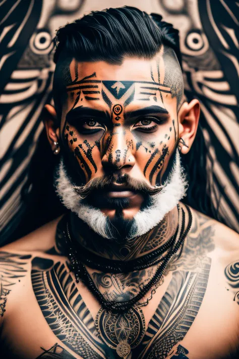 portrait a men tattoo skin, masterpiece,best quality, cinematic photo of a  ganger with beard andface tatoos, epic lighting, bac...