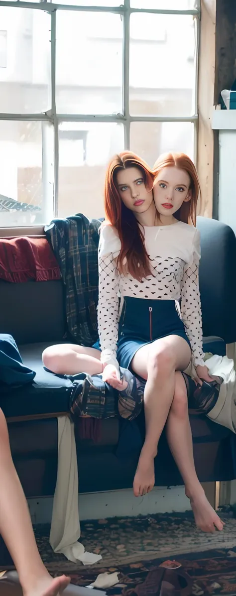 2heads, two headed girl, (one torso:1.5), pale skin, scottish redhead, teenager, white girls, different ages, (two heads on one ...