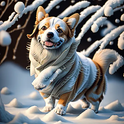 ((corgi)) there is a dog standing in the snow, fat dog, fluffy body, cute dog photo, fluffy, chunky, it has a wobbly chubby bell...