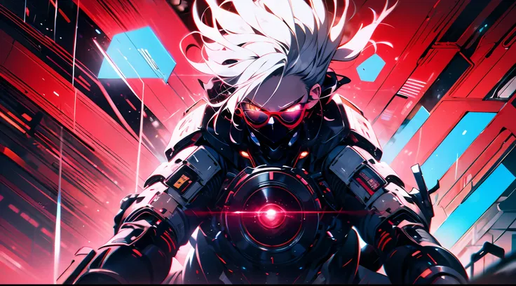 a mech girl, long silver-white hair and ponytail to waist, red light on the eyes, wearing a black sexy mech suit, red torn cloak...