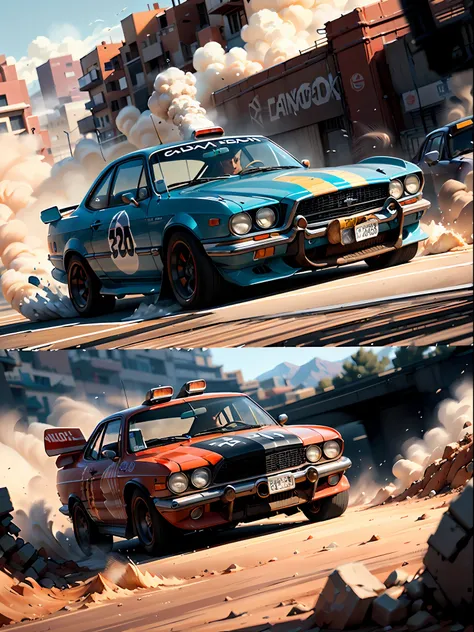 Subjective perspective in the car, drivers perspective, Zulupunk AI car on the road, car flying over the canyon, gunsmoke in the city, (medium view), car drifting, crazy drag racing, tire rubbing ground sparks splashing, smoke and dust billowing (close-up,...