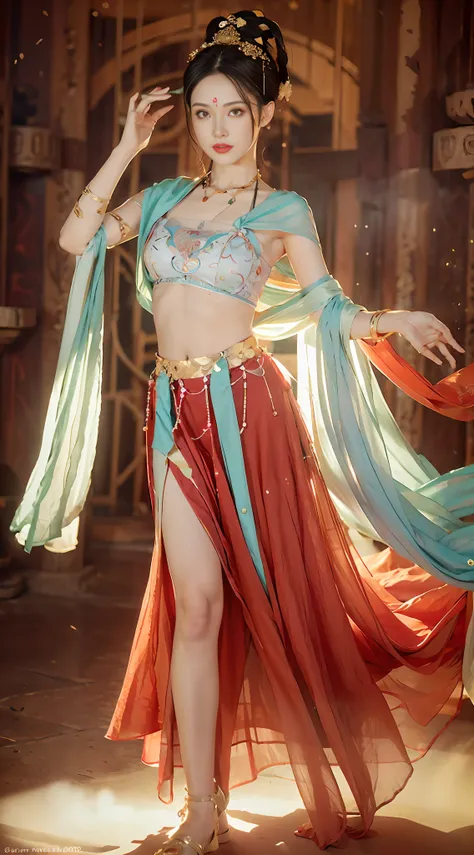 araffe woman in a red and blue dress with a blue and red skirt, she is dressed as a belly dancer, ornate cosplay, full body xianxia, a beautiful fantasy empress, fantasy outfit, gracefully belly dancing pose, inspired by Lan Ying, triss merigold cosplay, b...