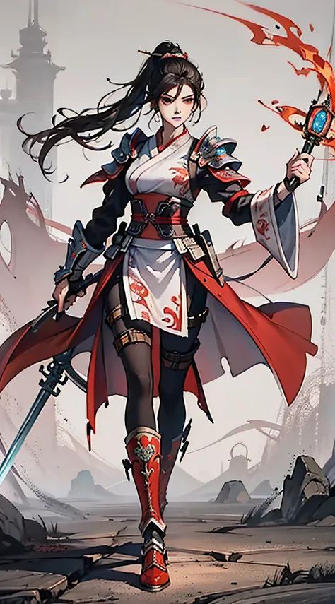 chinese style, ancient battlefield, an ancient chinese female general, holding a sword in her hand, grim expression, full body, ...