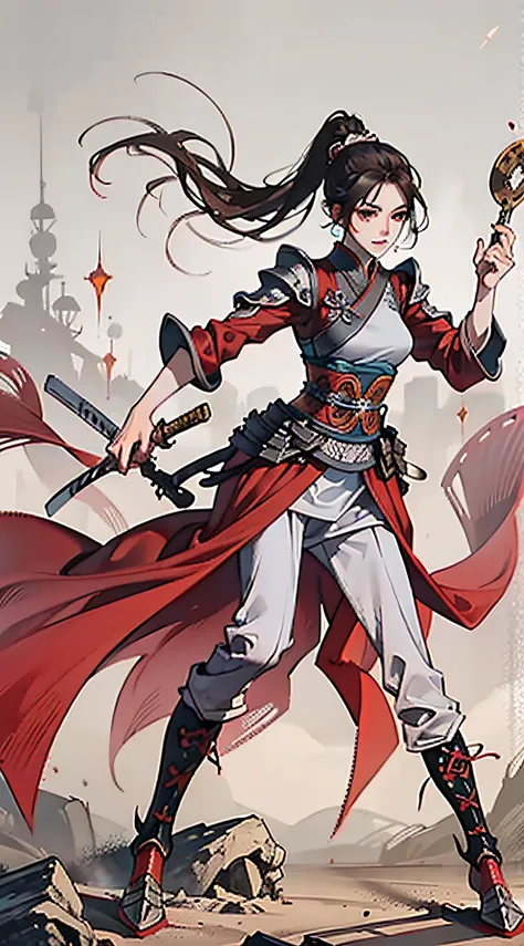 Chinese style, ancient battlefield, an ancient Chinese female general, holding a sword in her hand, grim expression, full body, amazing facial features, red robe, armor, boots, yellow sand in the sky, fleeing crowd, firelight, game model, stunning lighting...