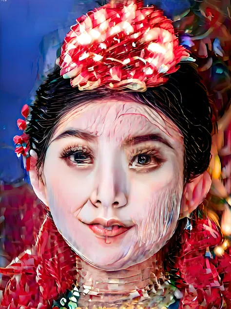 a close up of a woman with a red dress and a flower on her head, queen of the sea mu yanling, iu lee ji-eun as a super villain, inspired by Li Mei-shu, inspired by Yao Tingmei, chinese princess, inspired by Pu Hua, inspired by Gu Zhengyi, lu ji, maggie che...