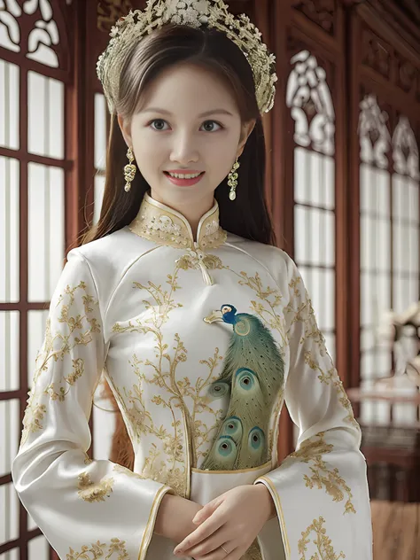 the girl in the ao dai is sewn from thin silk or cotton fabric, has a long and body-hugging white style that is very detailed, t...