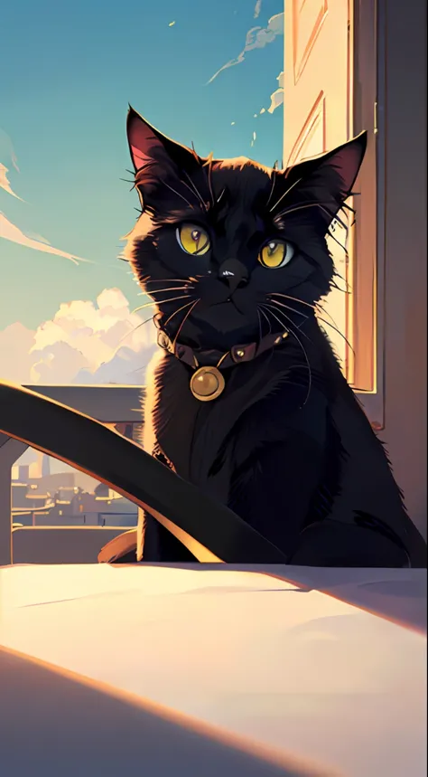 solid round eyes, (male/male), serious, fangs, (((black cat, sheriff, anthropomorphic))), sheriff, eye reflection, glare, cat ea...