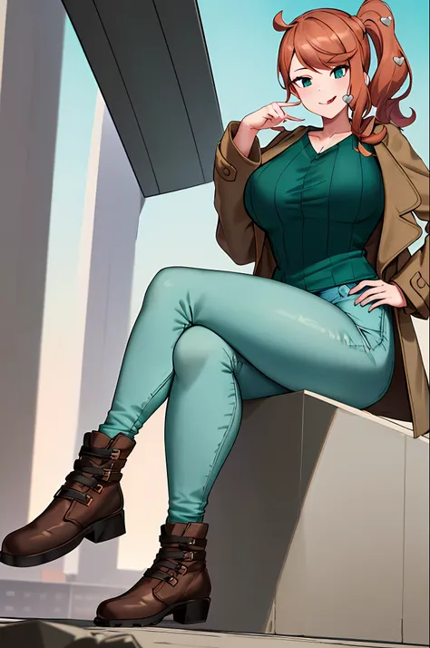 (masterpiece, best quality:1.4), solo, 1girl, sonia, smile, looking at viewer, hand on hip, side ponytail, heart hair ornament, eyewear on head, (pants, jeans:2), (full body:1.5), giantess, smile, (from below:1.5), (thick thighs:1.2), (large breasts:1.5), ...