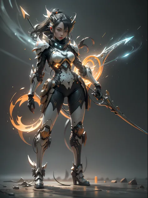 Ghost shooter with huge bow and arrow, super cool ghost shooter, wearing orange mechanical armor, huge bow and arrow, arrow feathers, open bow and arrow pose, tall, glowing orange eyes, tall figure, perfect and exquisite face, perfect body proportions, sup...
