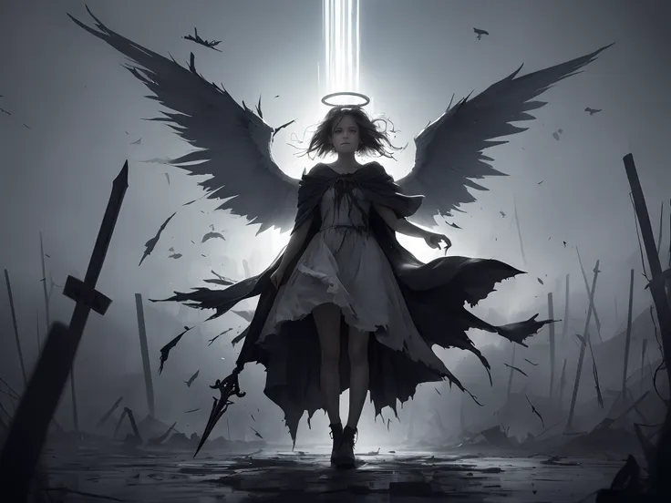 a full-body photograph of a girl wearing a silver-white cloak, enveloped in darkness and exuding a sense of oppression and gloom...