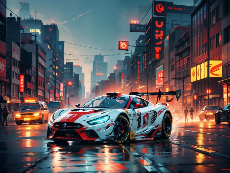 best quality, masterpiece, ultra high res, capture the adrenaline-fueled excitement of a sleek, high-performance racing car drip...