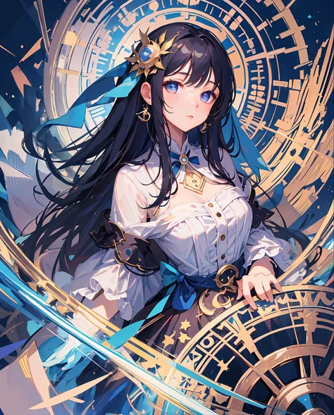 masterpiece, best quality, one girl, long hair, blue long dress, blue ribbon,abstract background,magic circle