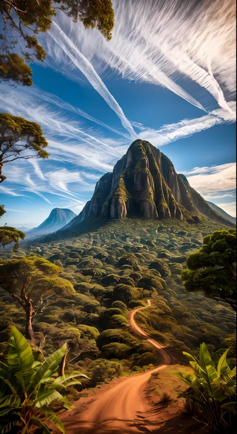 a beautiful masterpiece woman, ((masterpiece)), (((best quality))), ((ultra-detailed)), (Amazing:1.1), beautiful, nature, sky and ground, heavy wind, windswept, line cloud,Light shoot from the cloud, in a lush remote foliage jungle with jungle wildlife a...