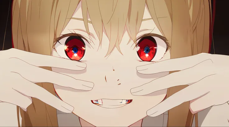 anime girl with red eyes covering her face with hands, luminous red eyes, fully red eyes no pupils, with glowing red eyes, fully...