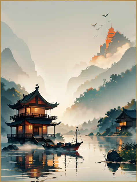 chinese martial arts style ink painting, palace floating in the air, mountains and cliffs, contour light outlines the atmosphere...