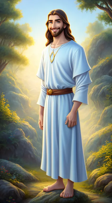 original art quality, full body picture, disney character animation style, young and handsome jesus god, standing posture, hands...