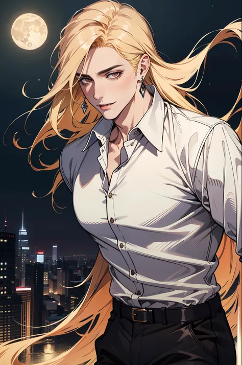 (absurdres, highres, ultra detailed), 1man, 30 years old man, adult man, handsome, tall,, finely detailed eyes and detailed face, leather pants, (((white shirt))), night, smile, dutch angle, ((long hair, blonde hair)), moon, gold details, earrings, gothic,...