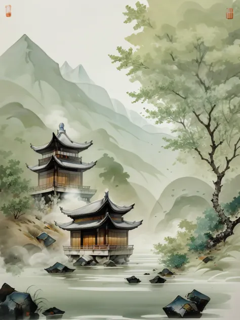 chinese martial arts style ink painting, palace floating in the air, mountains and cliffs, contour light outlines the atmosphere...