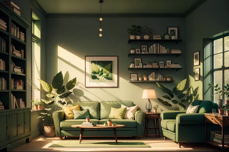 a living room with a green sofa and a green plant on the wall and a bookshelf with books, a picture with cinematic scene with be...