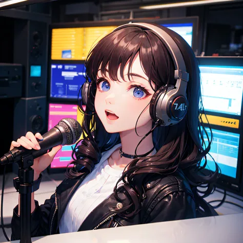 broadcaster in fm radio studio, brunette, wavy hair, talking into the microphone, realistic, full hd, 3d, 4k --auto