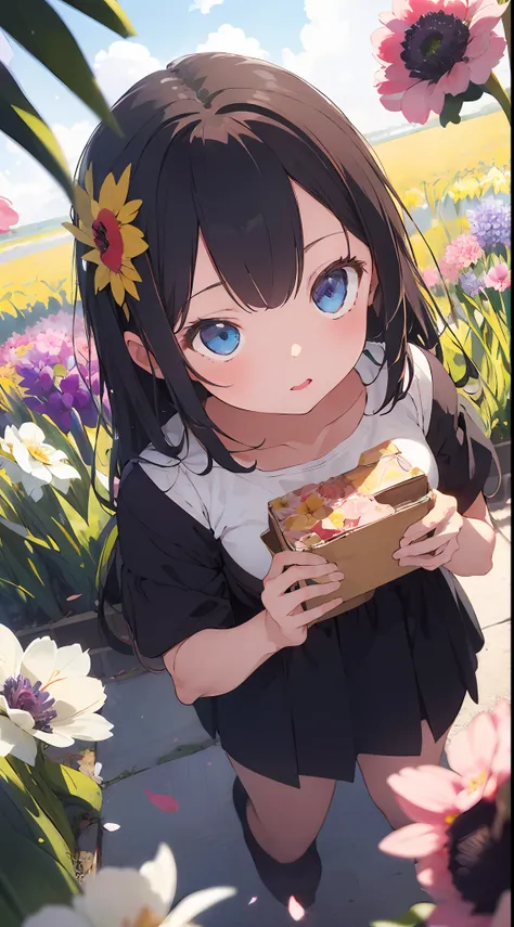 ((masterpiece,best quality)),(1girl, solo:1.4),negative space:1.3,from above,beautiful detailed eyes, vivid, cloudy sky, flower, anemone (flower), daffodil, hyacinth,falling petals,sanshoku dango, hanami, picnic, incoming kiss, incoming hug,