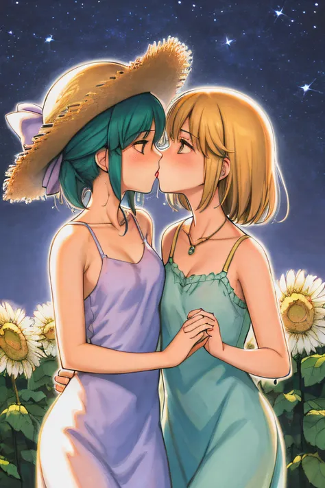 nsfw,(collarbone:1.331), (camisole:1.21),2 girls,yuri,lesbian,kiss,lesbian,,a woman in a floral dress and straw hat standing on ...