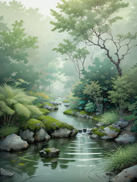 chinese ancient times, spring, jungle, lake, cave, waterfall, tree, meadow, rock, deer, hot spring, water vapor, (illustration: ...