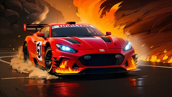 (a high-speed racing car:1.2) racing through the (fiery lava-filled streets:1.1), capturing the exhilarating motion blur.