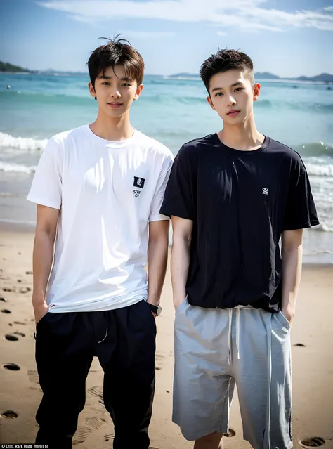 (chinese handsome: 1.5), two men on the beach with realistic details, realistic photos, textured skin, looking into the camera, ...