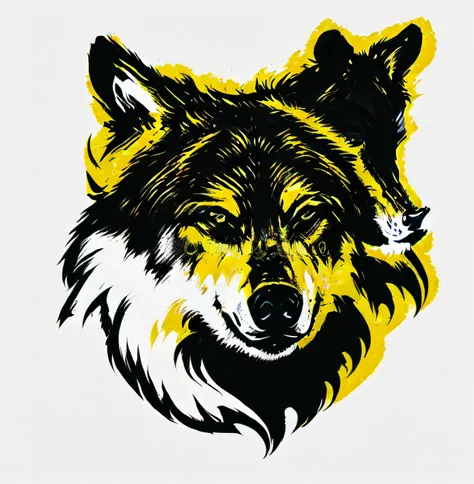 there is a black and yellow drawing of a wolfs face, he has yellow wolf eyes, wolf head, alpha wolf head, portrait of a wolf head, wolp, high contrast illustration, wolf, retarded wolf portrait, hyper detailed wolf - like face, lobo, by Caspar Wolf, portra...
