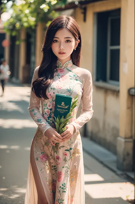 a beautiful girl in vintage colors aodai , masterpiece, best quality, realistic:1.3, street, holding bundle of adubon flowers, s...