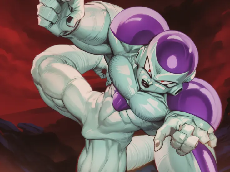 Masterpiece, Best Quality, Frieza, One Boy, Clasped Hands, Earth, Full Body, View Viewer, Male Focus, Tail, Planet, Red Eyes, Solo, Genitals