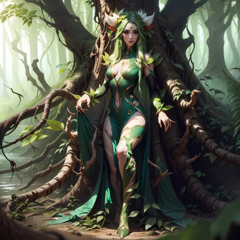 Plant woman, with hair from plant roots, and her body formed by tree roots, whole body image, plant woman, woman with plant body