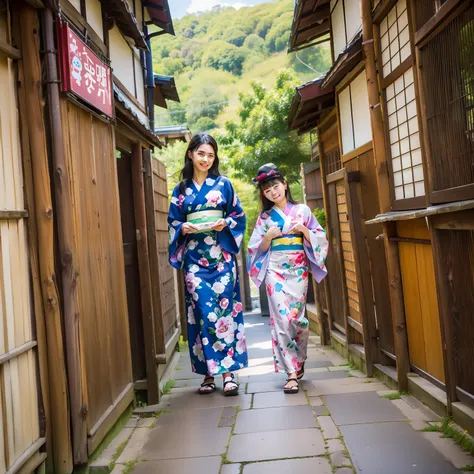 japan young girl (n) in a blue kimono and a young russian girl (m) in a purple kimono with lots of sanrio characters printed on ...