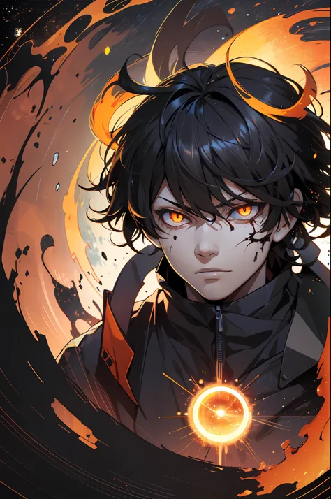 man with messy hair, black and orange in color, wearing scientist's clothes, with yellow eyes, holding a black hole, black hole ...