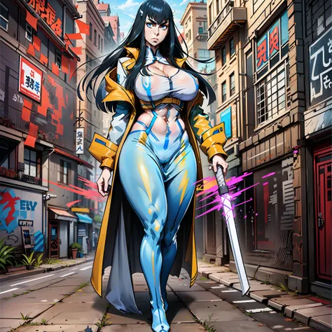 satsuki kiryuin, satsuki kiryuin from kill-la-kill, big breasts, voluminous breasts, curvy breasts, mesh stockings, standing wit...