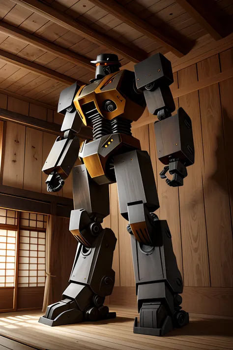 photo of a giant wooden robot. the parts of the robot are parts of an old castle in japan. very detailed. photorealistic and oct...