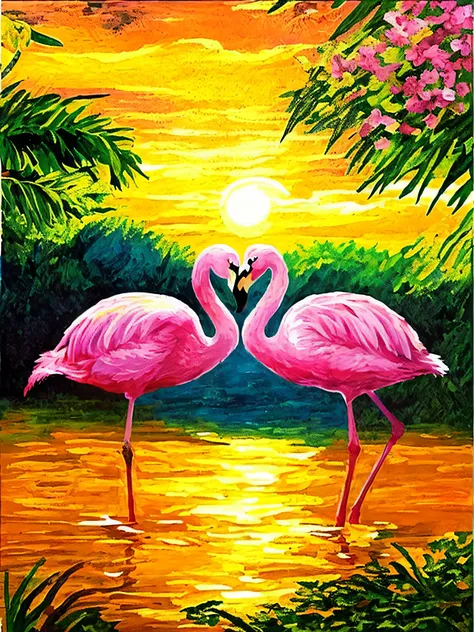 ridiculous resolution, high resolution, (masterpiece:1.4), super detailed, flamingo, setting sun, green trees, colorful sunset, ...