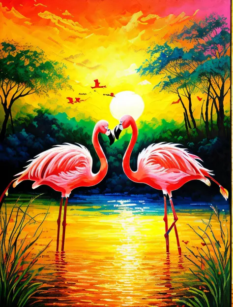 ridiculous resolution, high resolution, (masterpiece:1.4), super detailed, flamingo, setting sun, green trees, colorful sunset, ...