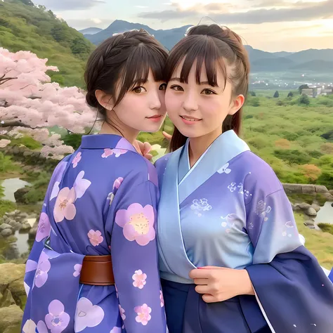 Japan young girl (N) in a blue kimono and a young Russian girl (M) in a purple kimono with lots of Sanrio characters printed on them are taking selfies in a rural village in Nara Prefecture, Japan. Japan girl (n) puts her hands on the waist of a Russian gi...