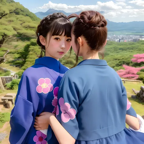 Japan young girl (N) in a blue kimono and a young Russian girl (M) in a purple kimono with lots of Sanrio characters printed on them are taking selfies in a rural village in Nara Prefecture, Japan. Japan girl (n) puts her hands on the waist of a Russian gi...