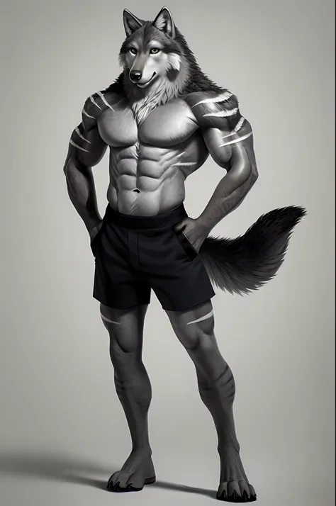 anthropomorphic gray wolf, light gray chest, black shorts (with white stripes), posing showing an arm, a lot of muscle, gray coa...