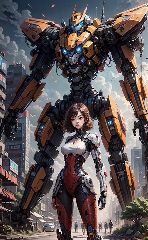 Anime girl in mecha suit, anime girl mecha, digital cyberpunk anime art, 8 k, mecha network armor girl, beautiful face, psychedelic details, (war area background)