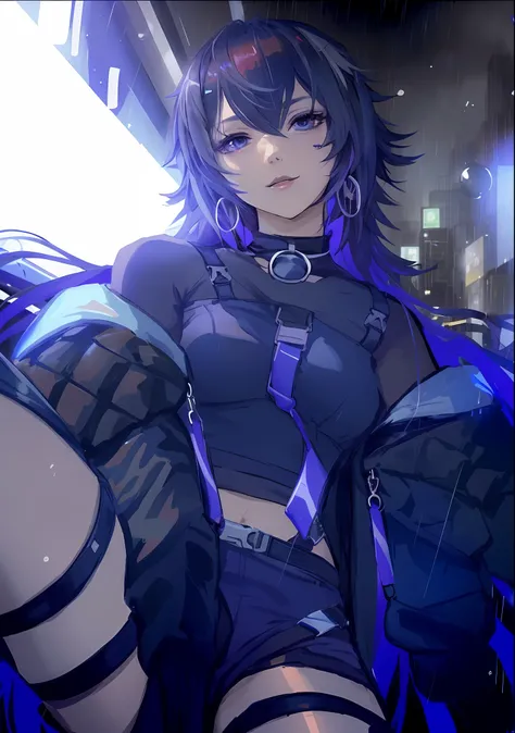 Anime girl posing in the rain with blue hair and black costume, cyberpunk anime girl, female cyberpunk anime girl, black hair cyberpunk girl, cyberpunk anime girl mecha, anime cyberpunk art, by Shi Tao, digital cyberpunk anime art, from ark night, wearing ...