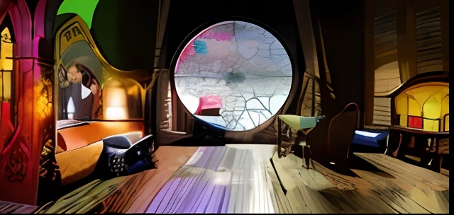 there is a room with a large circular window and a bed, on a stained glass window, in disney, stain glass, window at the center, stained glass!!, musical, weta disney, magical scene, very, graphic art, beautiful stained glass window, stained glass window, ...