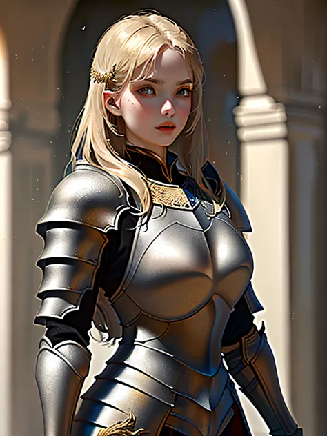 kneeling female knight, portrait, finely detailed armor, intricate design, golden and silver, silk, cinematic lighting, 4k