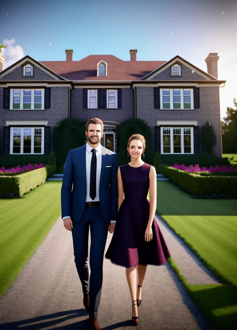 Portrait of a beautiful couple, with a beautiful mansion in the background, 8k uhd, octane rendering, 4k, HDR, dynamic lighting