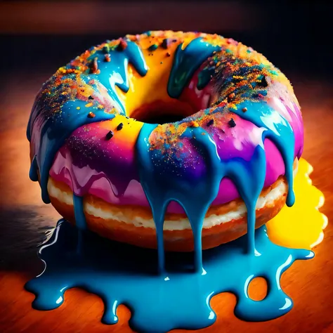 a sprinkled donut sitting on top of a table, hyper realistic digital painting, colorful hyperrealism, amazing food illustration, blender donut, amazing food photography, hyper realistic oil painting, hyper realistic color photo, ultrarealistic oil painting...