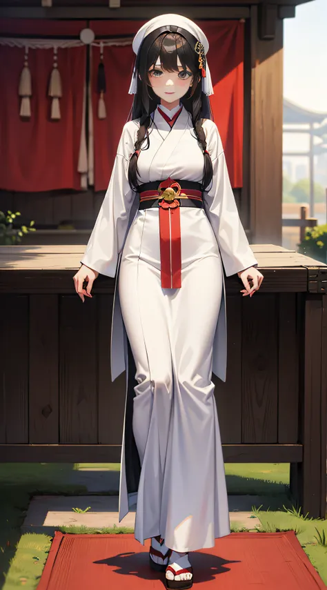 elder sister of the priestess of the japan shrine, long black hair tied up, full body, masterpiece